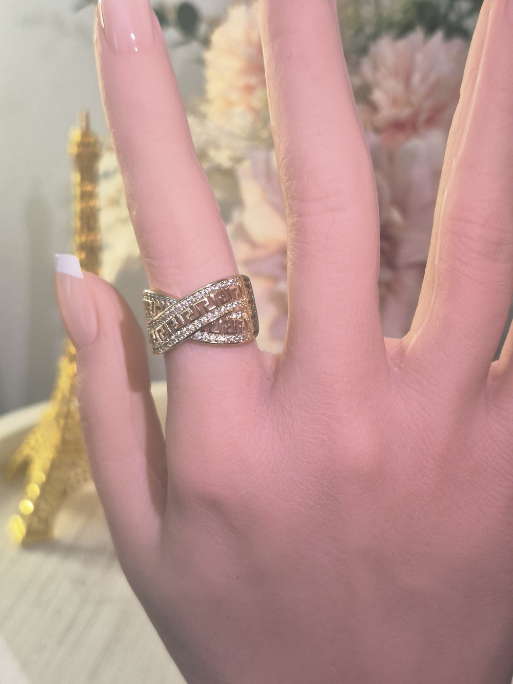 Elegant Gold-Tone Crisscross Pavé Ring - Women Jewelry